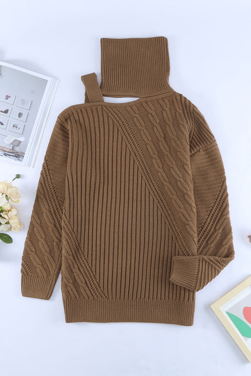Strapped Cut Out Shoulder Turtleneck Sweater
